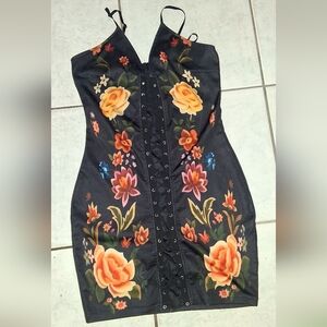 CBR Black Floral Lace-Up Spaghetti Strap Mini Dress